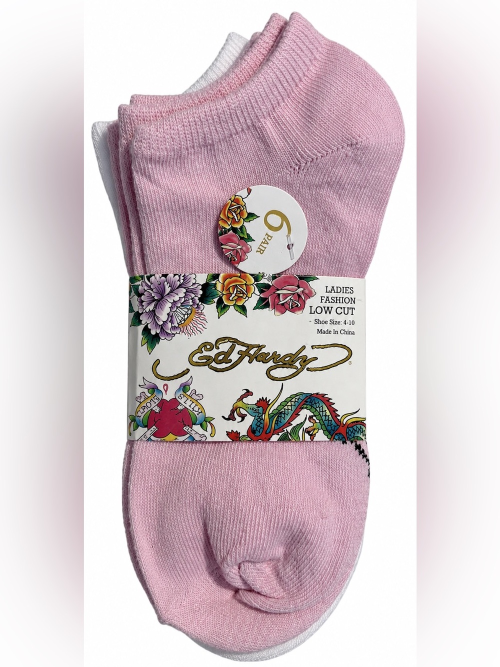 Ed Hardy 6 Pair Low Cut Socks Pink White Black NWT